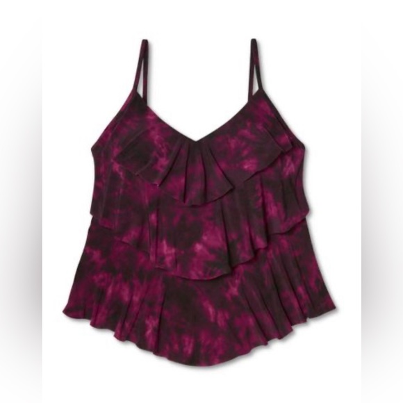 Women's Black & Burgundy Tie Dye Tiered Tankini Top - Aqua Green® - Picture 3 of 12